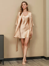 [Champagne] SilkSilky-AU 3/4 Sleeve V Neck Nightgown&Dressing Gown Set 001