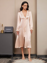 [Champagne] SilkSilky-AU Pure Silk Long Sleeve V Neck Nightgown 003