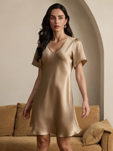 [Champagne] SilkSilky-AU Short Sleeve V Neck Nightgown 003