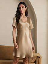 [Champagne] SilkSilky-AU Short Sleeve V Neck Nightgown 005
