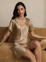 [Champagne] SilkSilky-AU Short Sleeve V Neck Nightgown 007