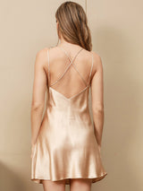 [Champagne] SilkSilky-AU Spaghetti Strap V Neck Nightgown 001