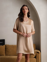 [Champagne] SilkSilky-AU Half Sleeve V Neck Nightgown 004