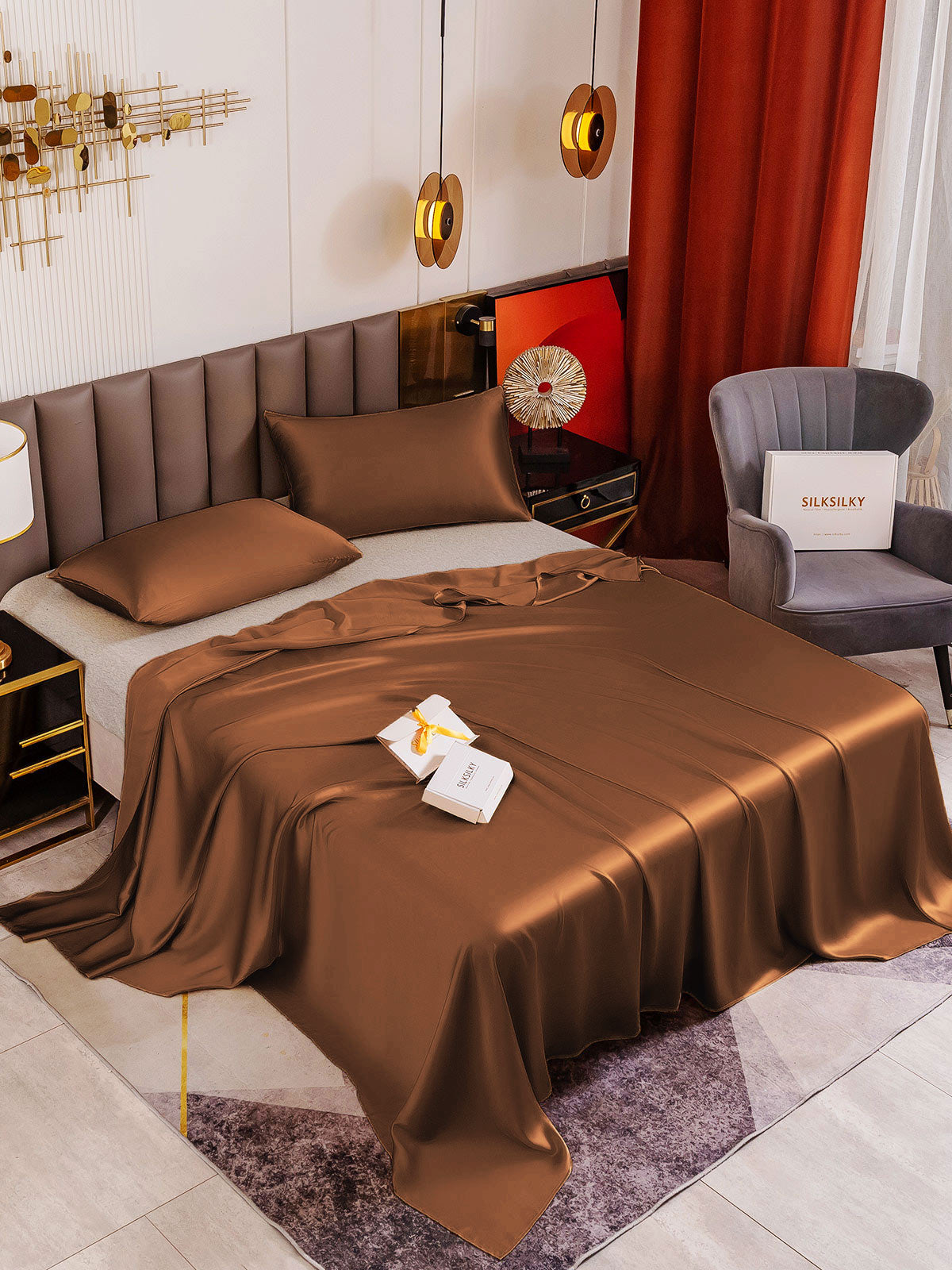 [Coffee] SilkSilky-AU 19Momme Pure Silk Bedding Set 001