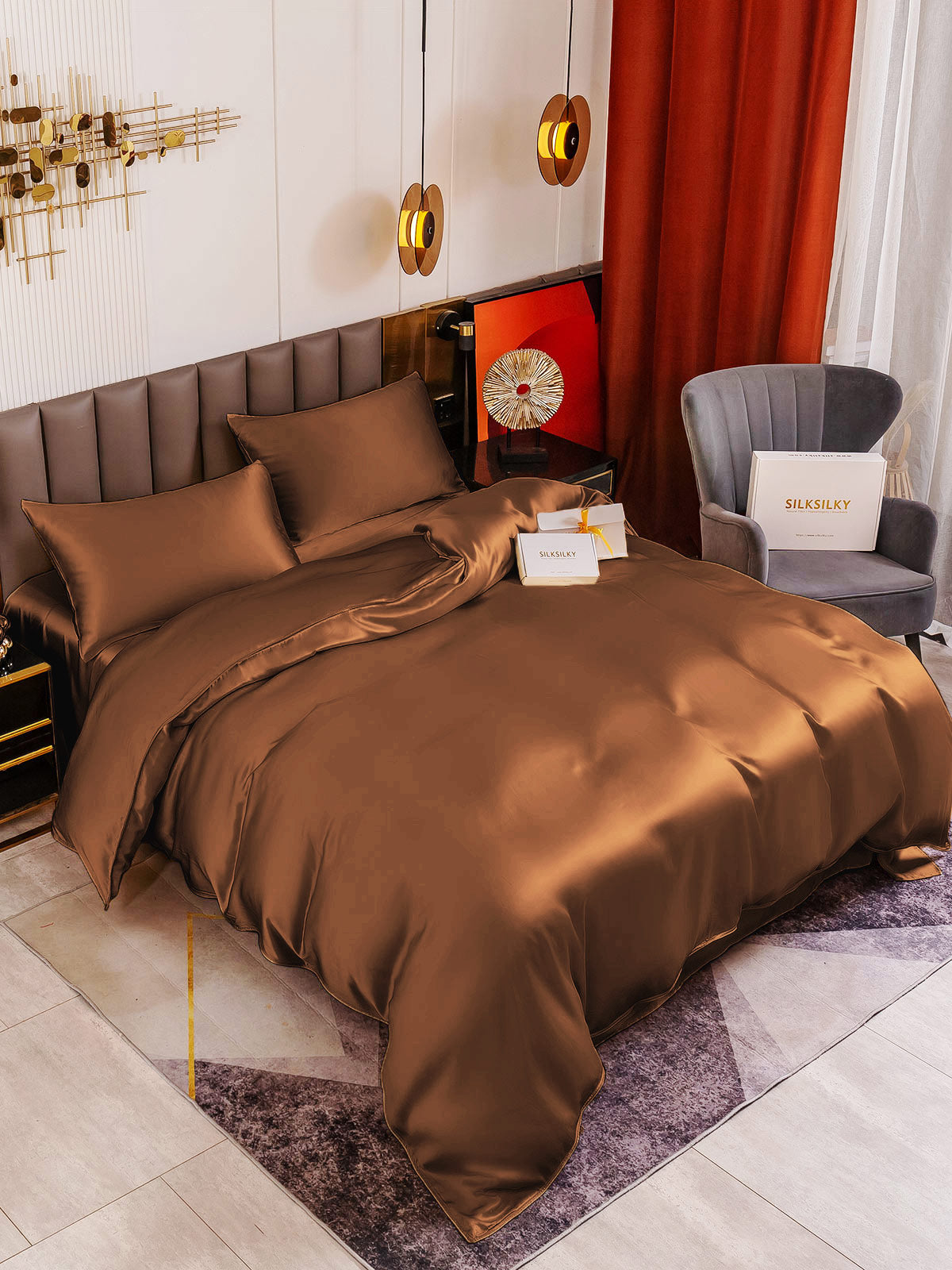 [Coffee] SilkSilky-AU 19Momme Pure Silk Bedding Set 001