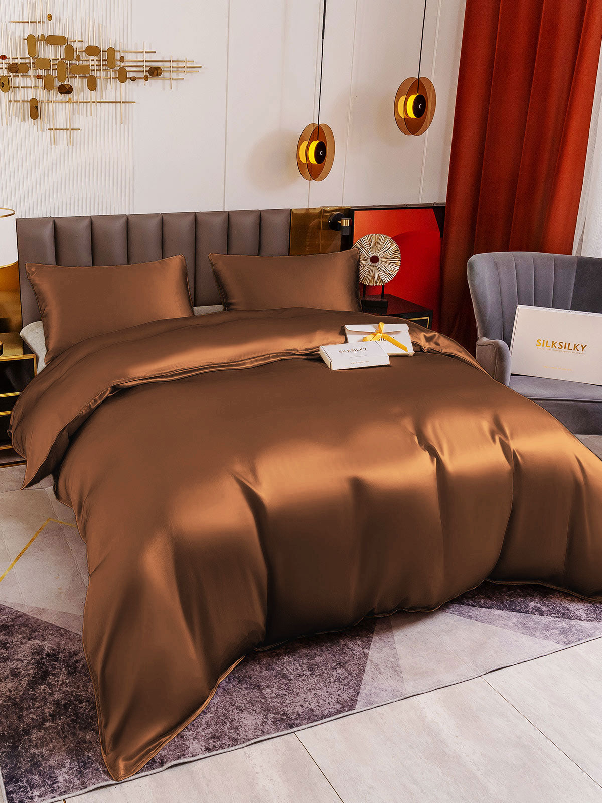 [Coffee] SilkSilky-AU 19Momme Pure Silk Bedding Set 003