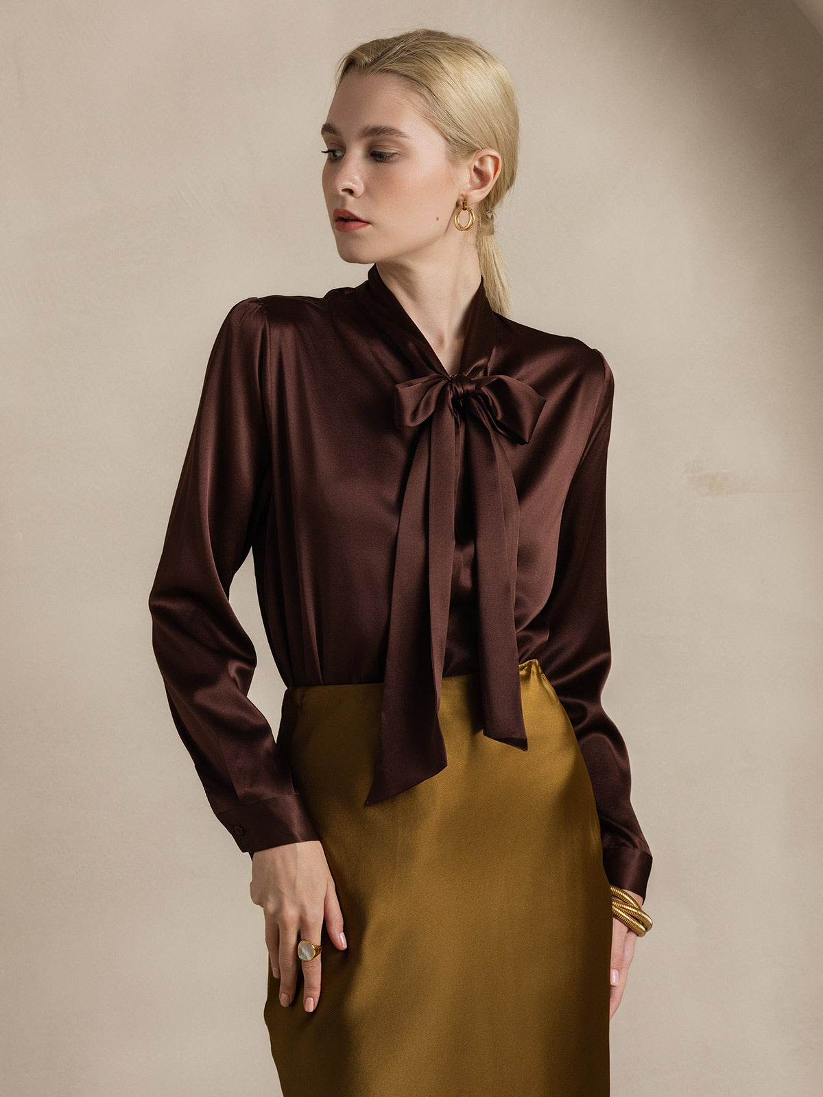 [Coffee] SilkSilky-AU 19Momme Silk Long Sleeve Tie Neck Women's Shirt 001