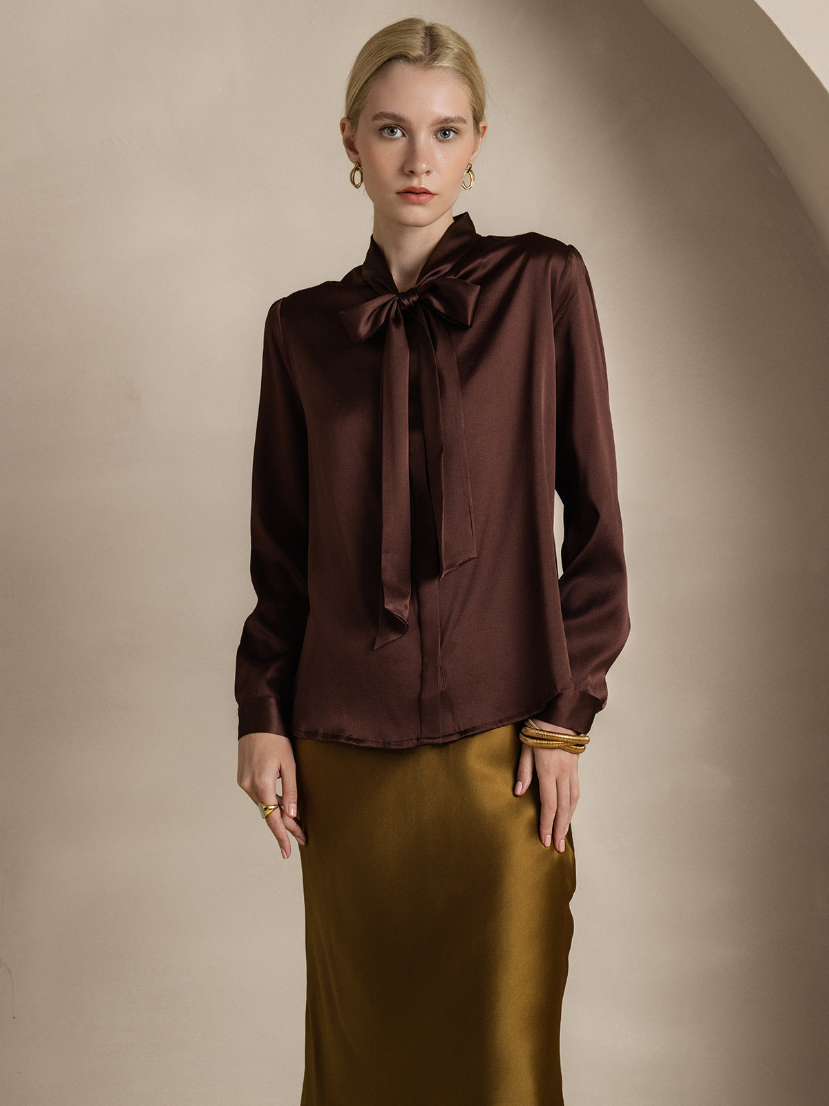 [Coffee] SilkSilky-AU 19Momme Silk Long Sleeve Tie Neck Women's Shirt 004