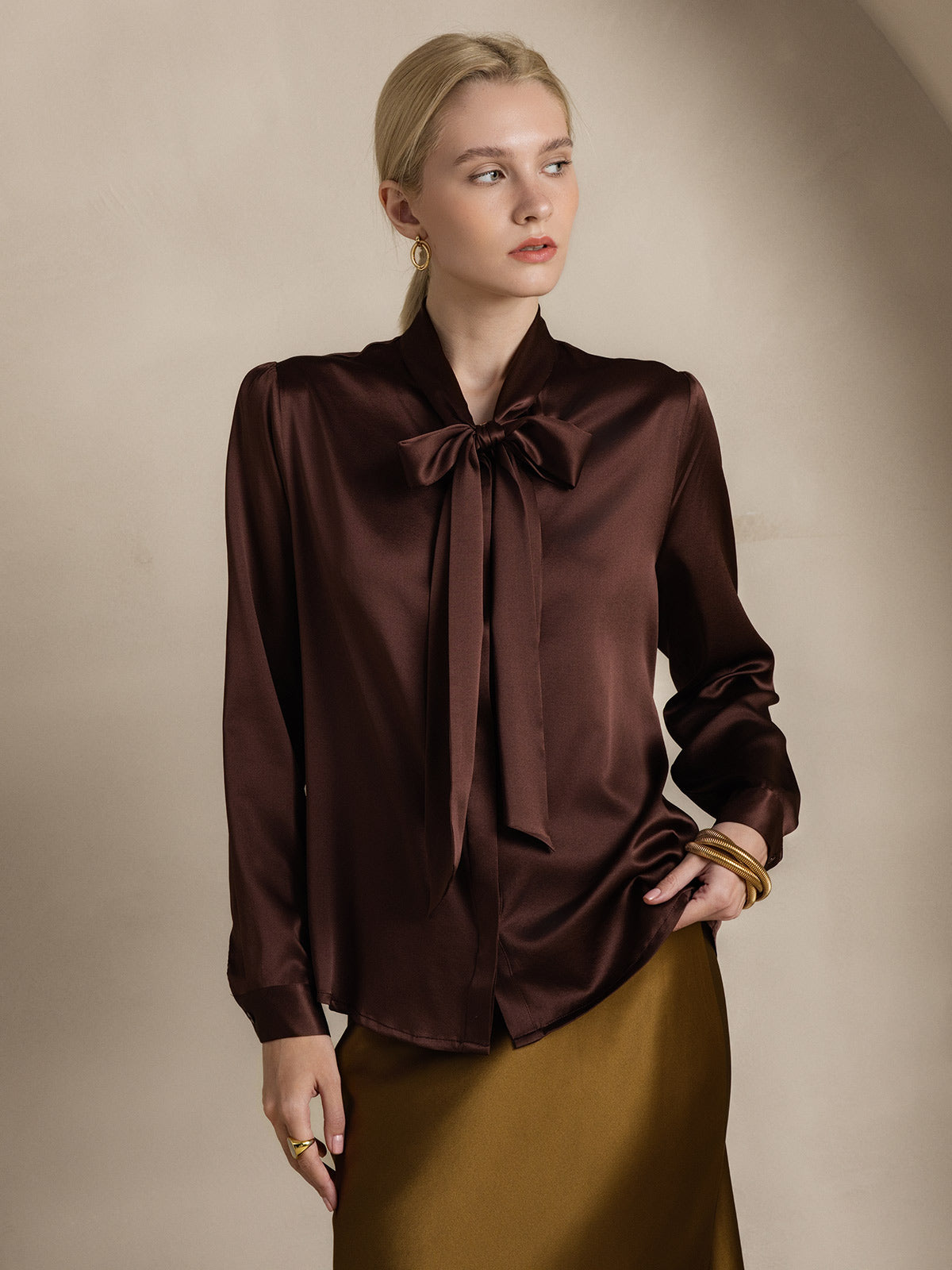 [Coffee] SilkSilky-AU 19Momme Silk Long Sleeve Tie Neck Women's Shirt 005