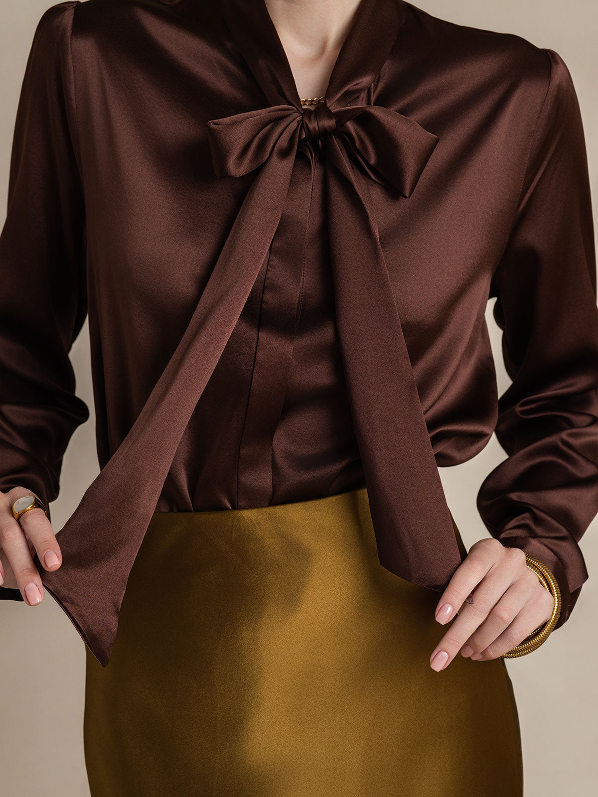 [Coffee] SilkSilky-AU 19Momme Silk Long Sleeve Tie Neck Women's Shirt 008