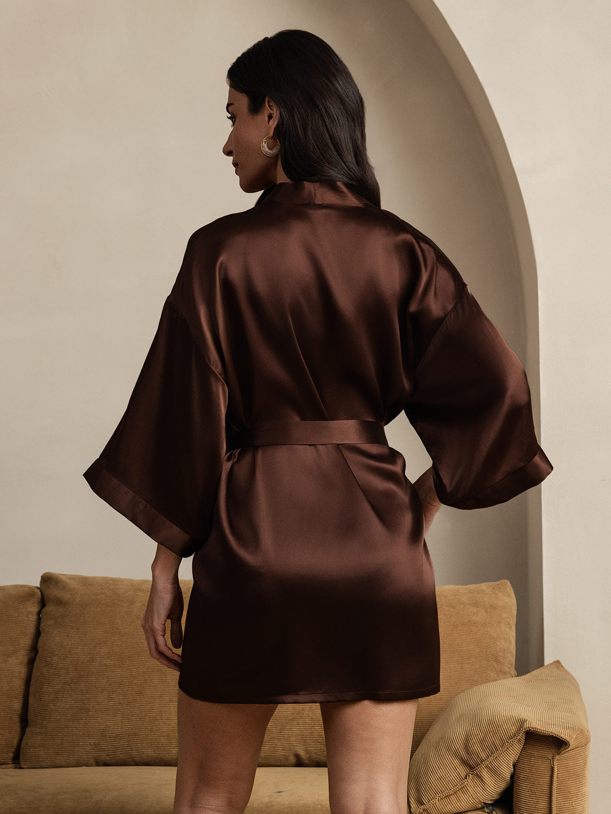 [Coffee] SilkSilky-AU Pure Silk Half Sleeve Womens Robe 002