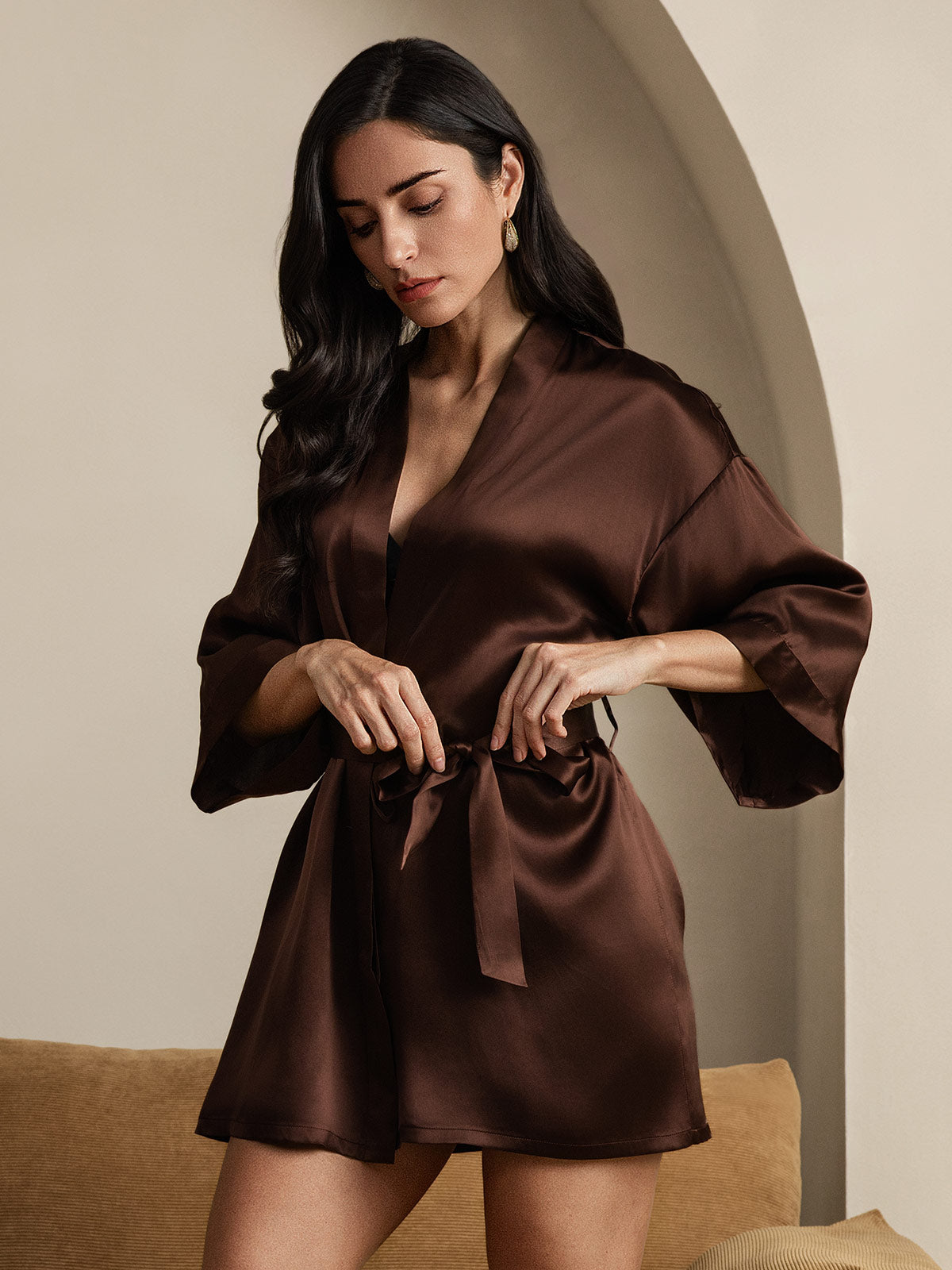 [Coffee] SilkSilky-AU Pure Silk Half Sleeve Womens Robe 005