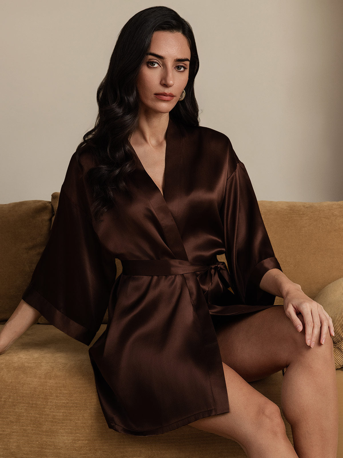 [Coffee] SilkSilky-AU Pure Silk Half Sleeve Womens Robe 006