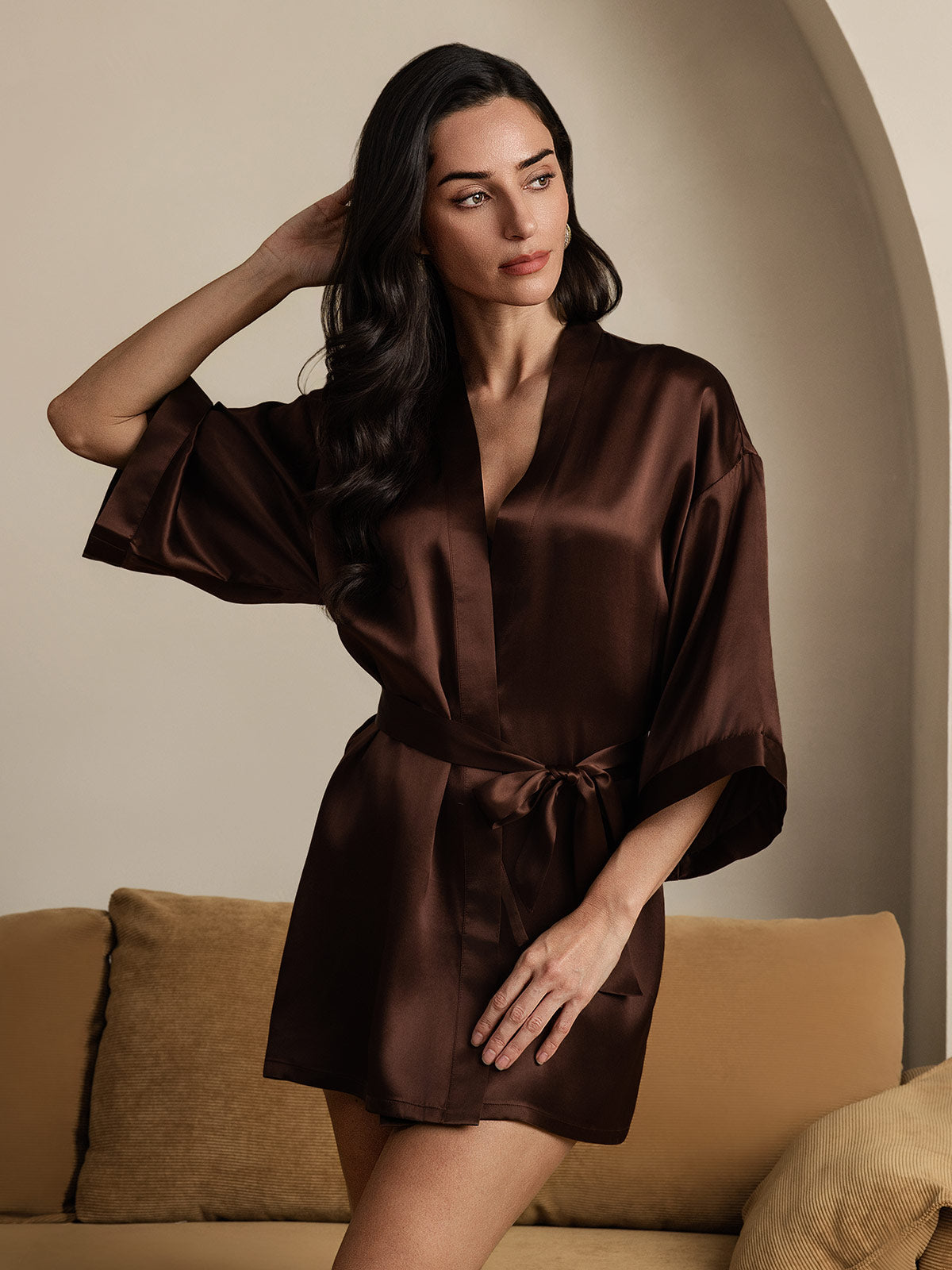 [Coffee] SilkSilky-AU Pure Silk Half Sleeve Womens Robe 006