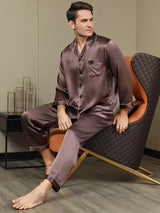 [Coffee] SilkSilky-AU Pure Silk Long Sleeve Lapel Men's Pyjamas 001