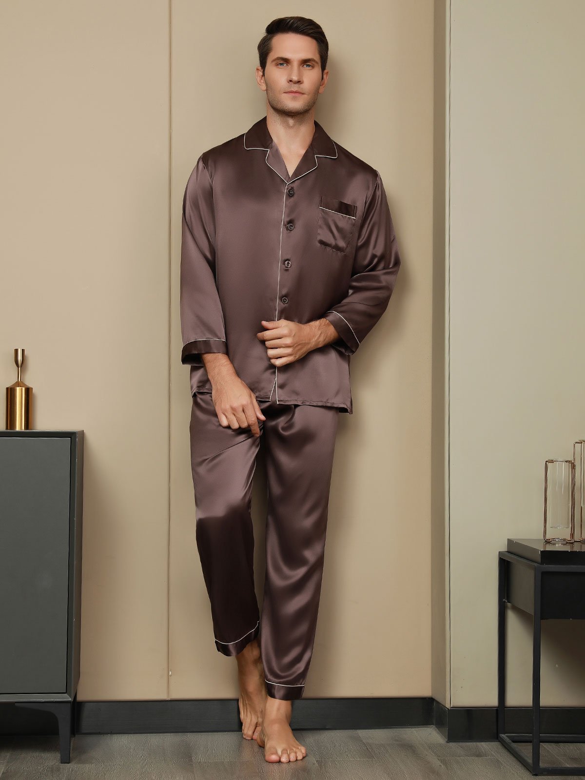 [Coffee] SilkSilky-AU Pure Silk Long Sleeve Lapel Men's Pyjamas 002