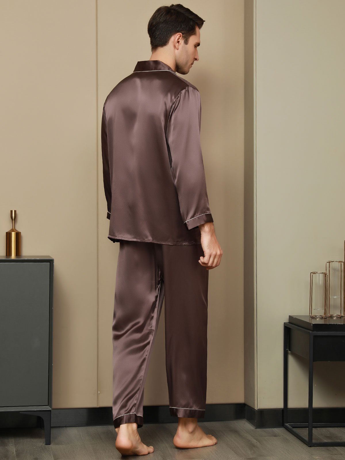 [Coffee] SilkSilky-AU Pure Silk Long Sleeve Lapel Men's Pyjamas 003