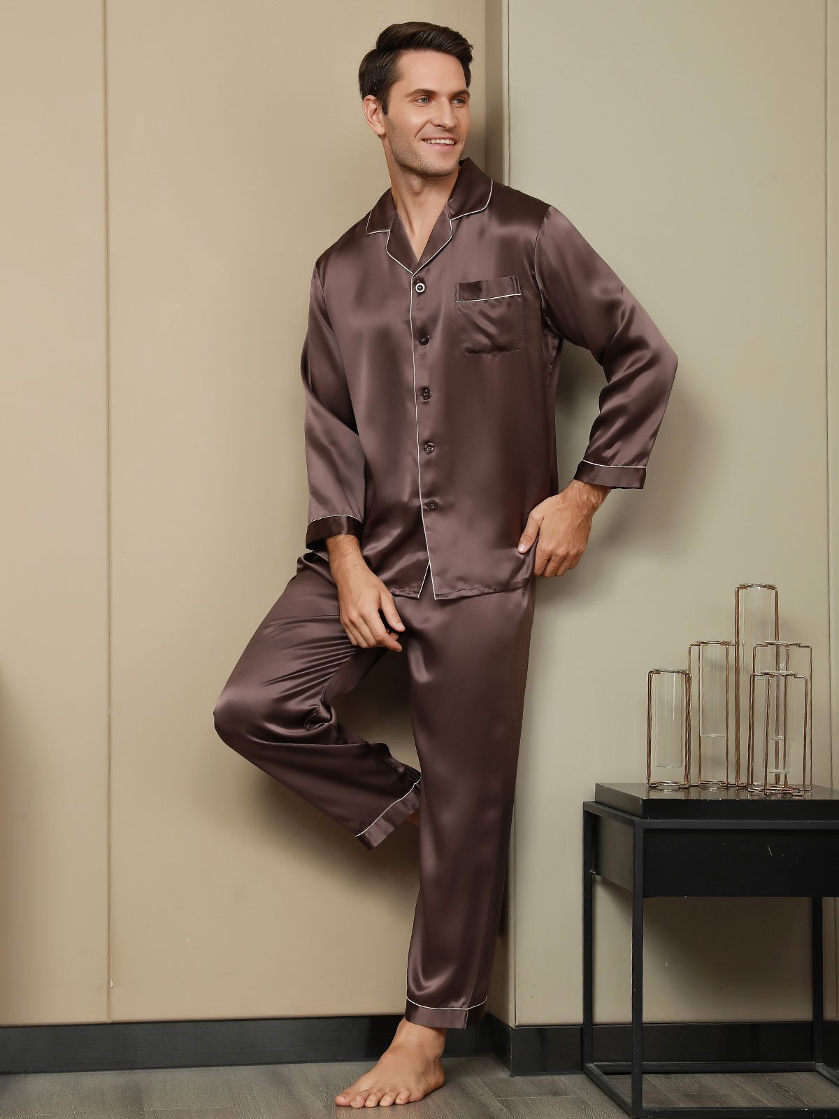 [Coffee] SilkSilky-AU Pure Silk Long Sleeve Lapel Men's Pyjamas 004
