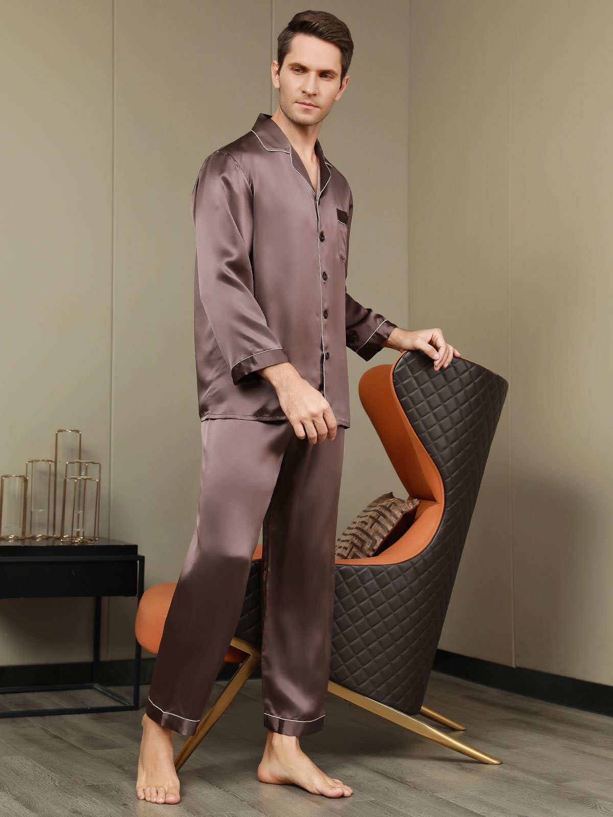 [Coffee] SilkSilky-AU Pure Silk Long Sleeve Lapel Men's Pyjamas 005