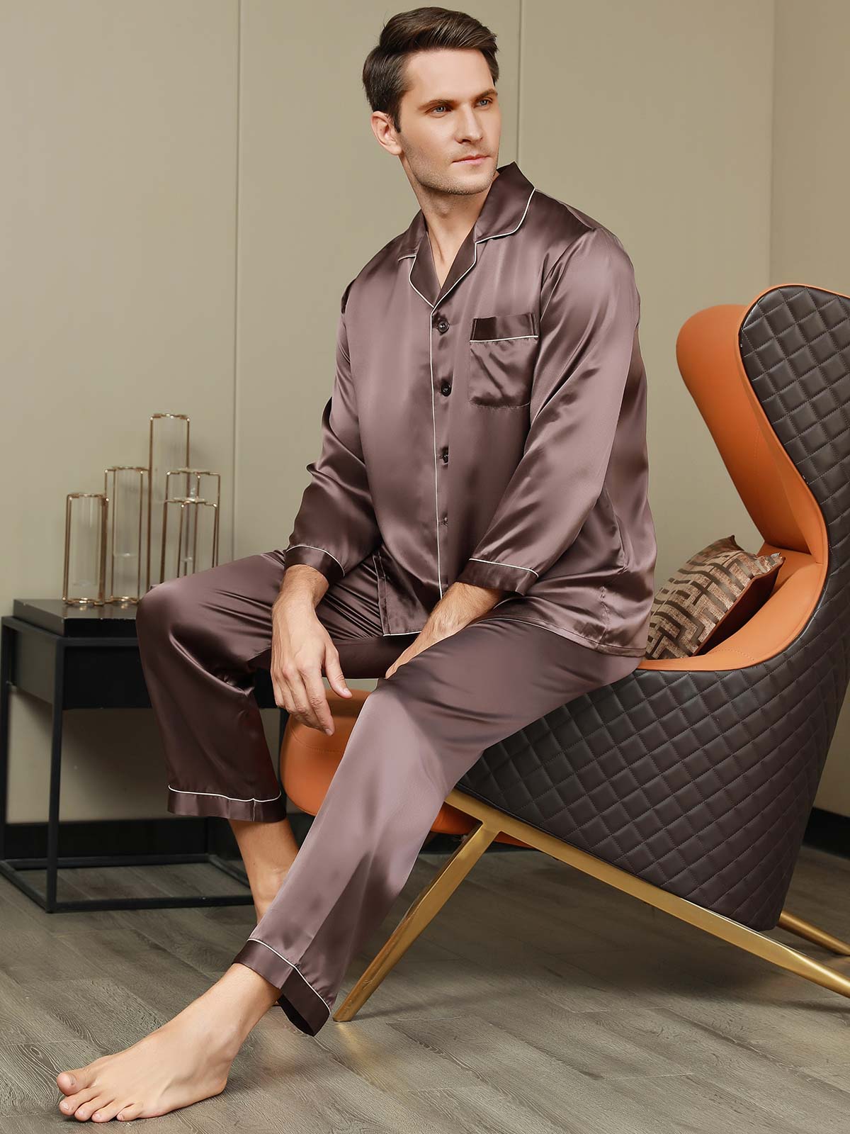 [Coffee] SilkSilky-AU Pure Silk Long Sleeve Lapel Men's Pyjamas 006