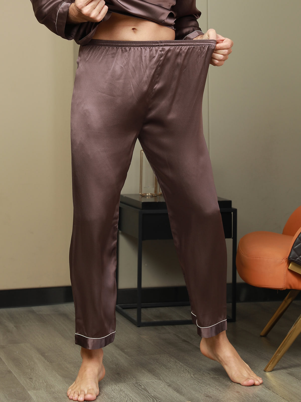[Coffee] SilkSilky-AU Pure Silk Mens Sleep Bottoms 001
