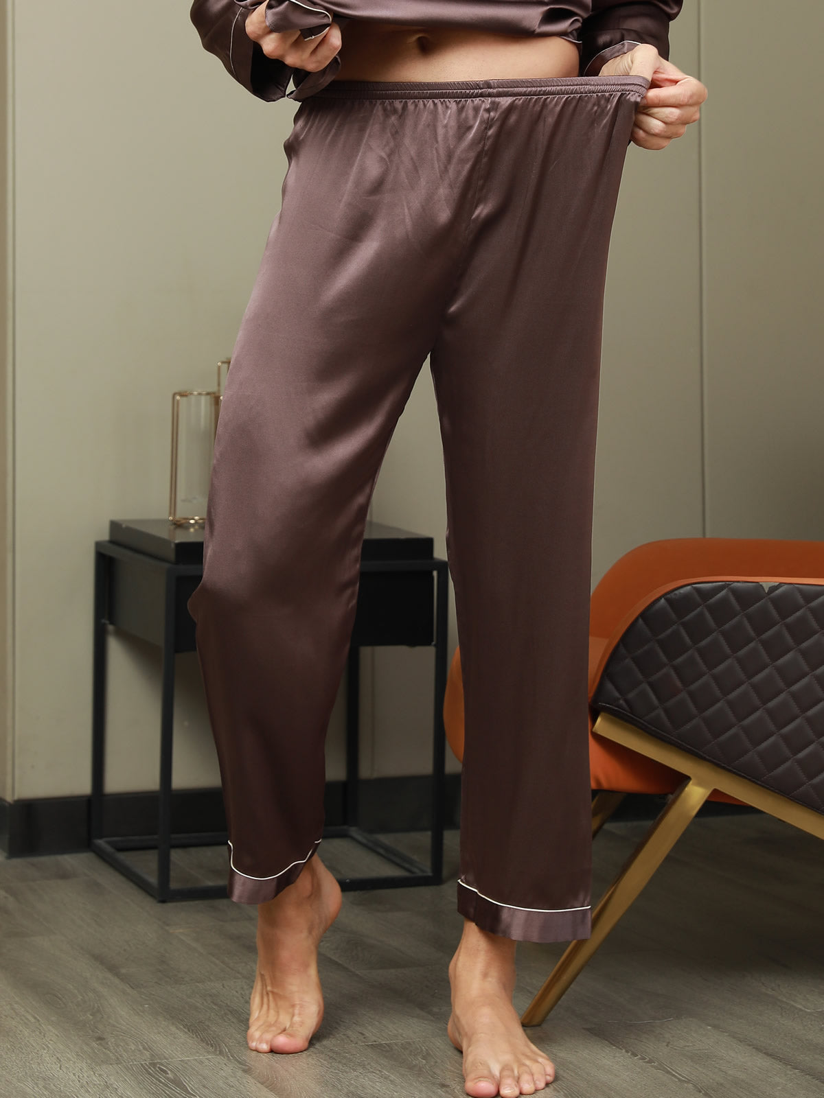 [Coffee] SilkSilky-AU Pure Silk Mens Sleep Bottoms 004