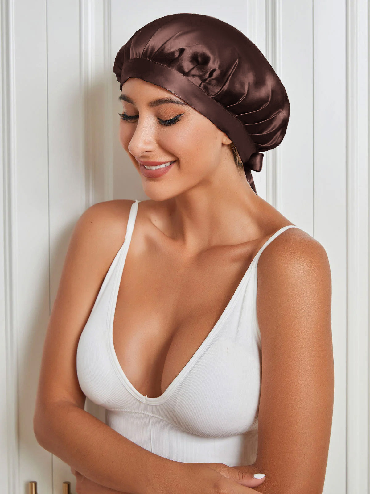 [Coffee] SilkSilky-AU Pure Silk Sleep Cap 002