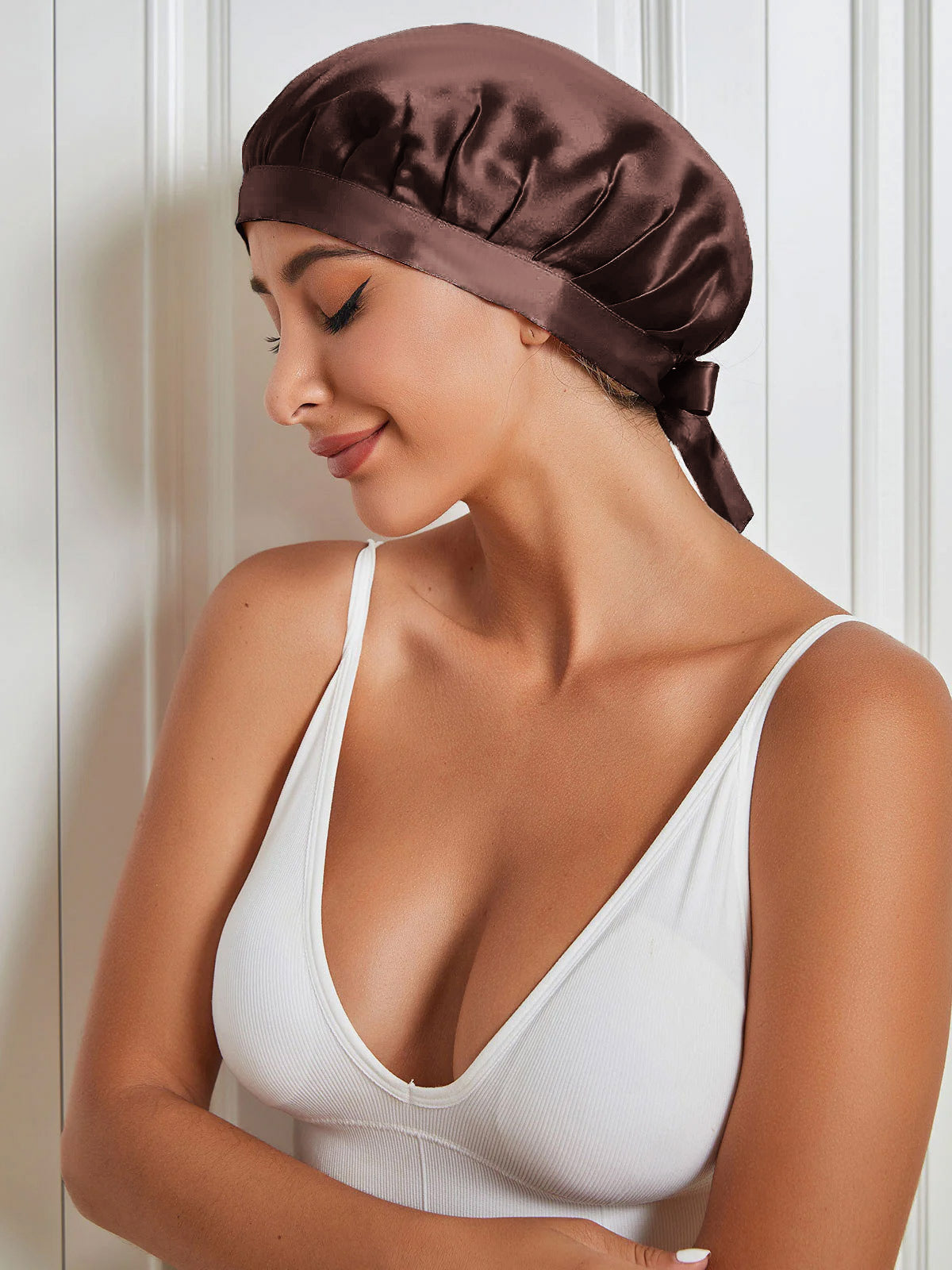 [Coffee] SilkSilky-AU Pure Silk Sleep Cap 005
