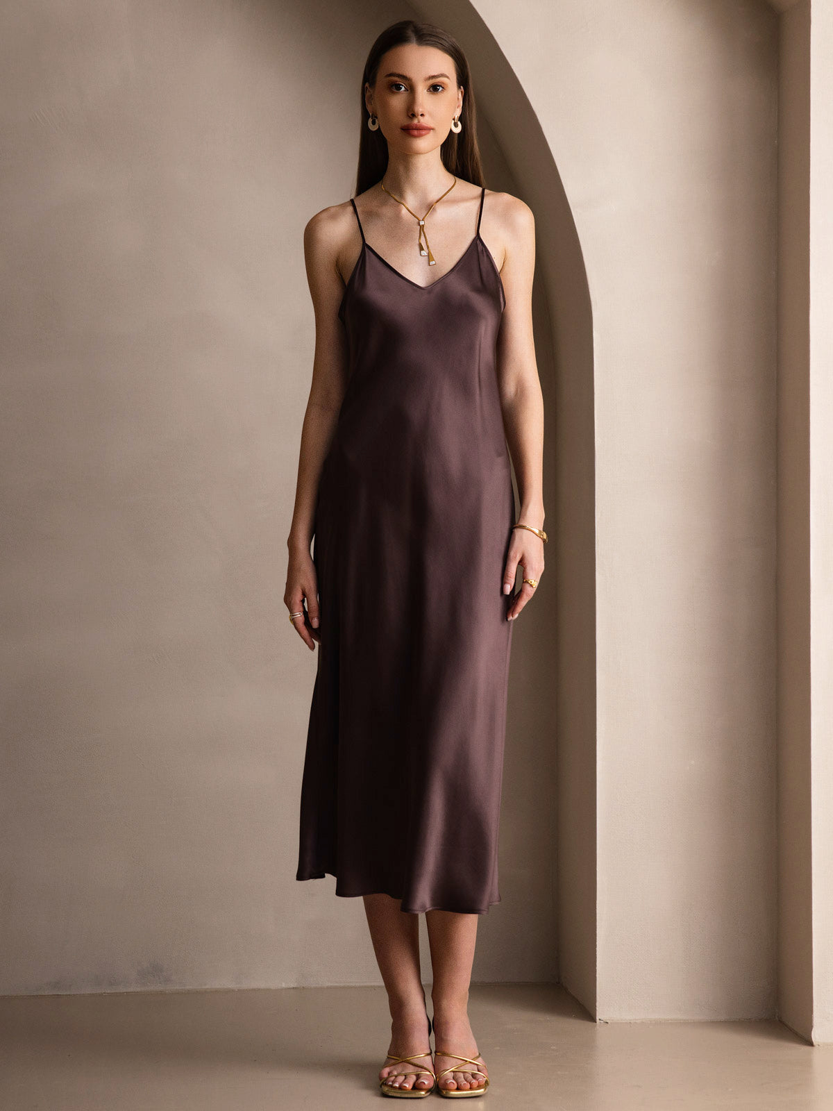 [Coffee] SilkSilky-AU Pure Silk Sleeveless Round Neck Dress 003