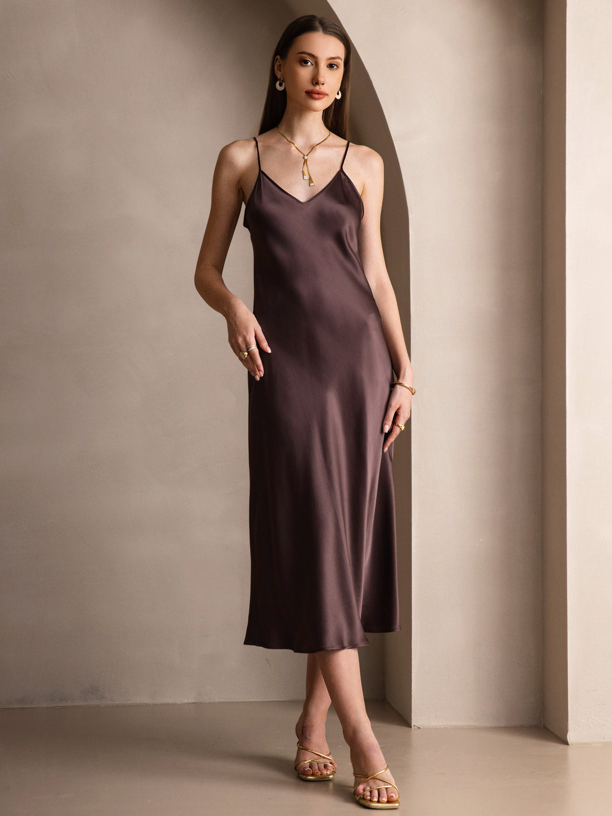 [Coffee] SilkSilky-AU Pure Silk Sleeveless Round Neck Dress 003