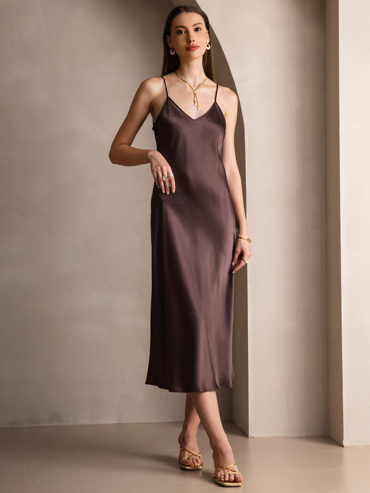 [Coffee] SilkSilky-AU Pure Silk Sleeveless Round Neck Dress 004