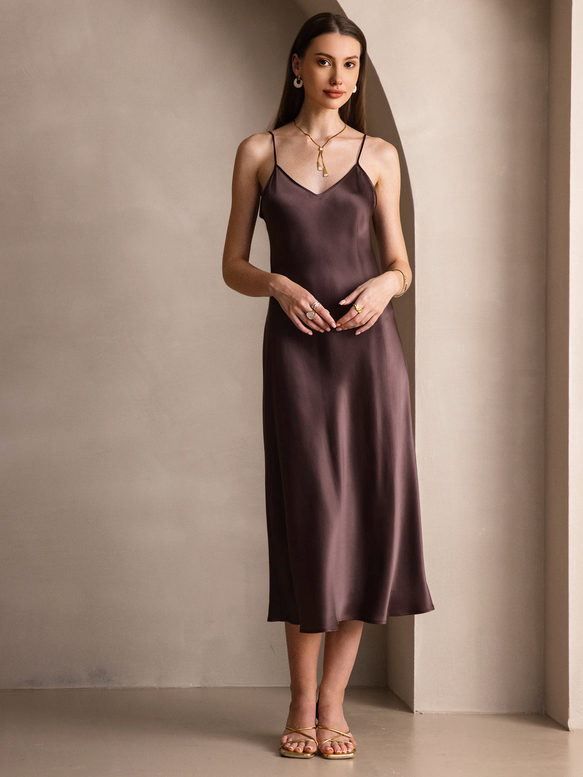[Coffee] SilkSilky-AU Pure Silk Sleeveless Round Neck Dress 005