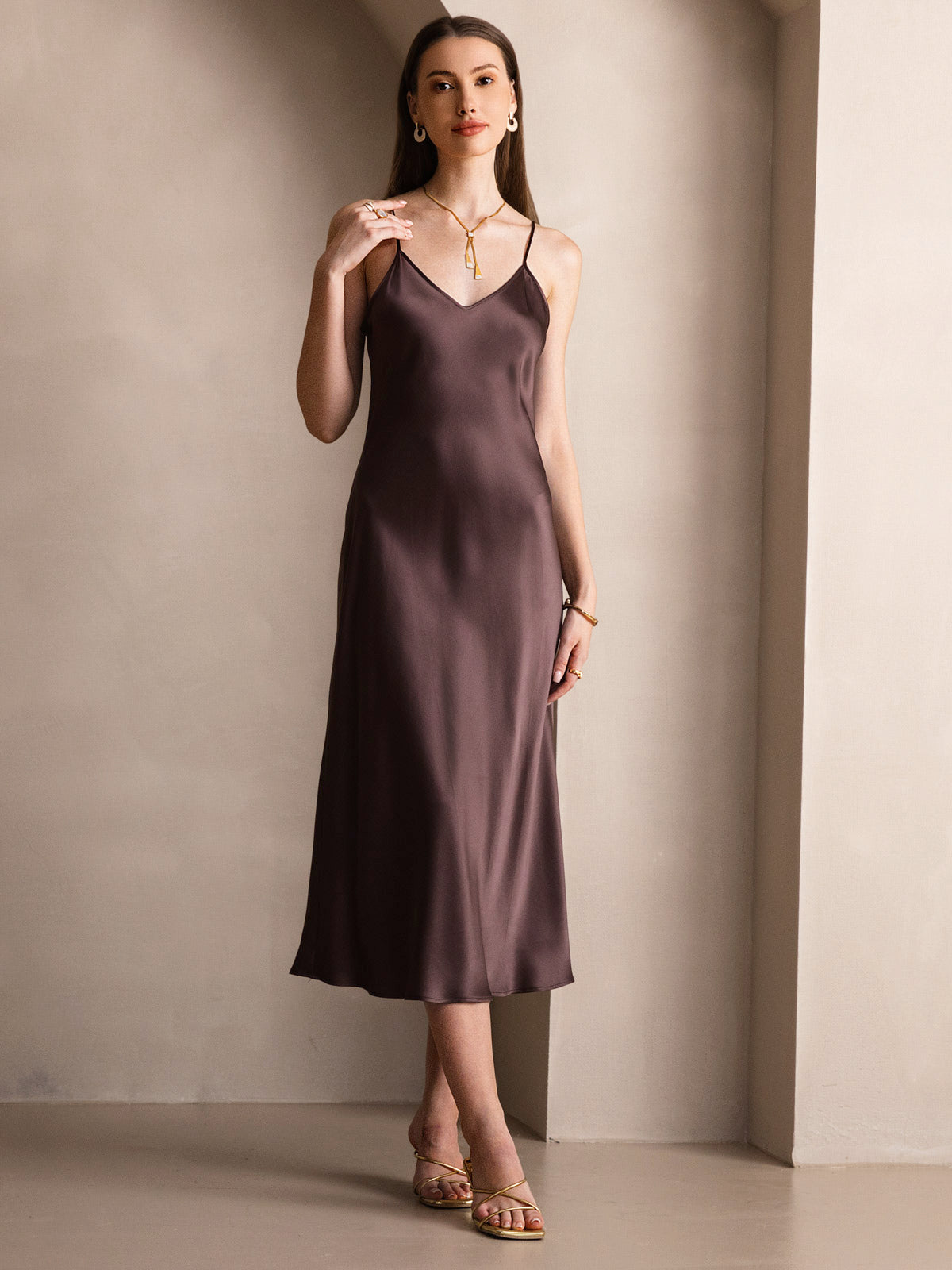 [Coffee] SilkSilky-AU Pure Silk Sleeveless Round Neck Dress 005