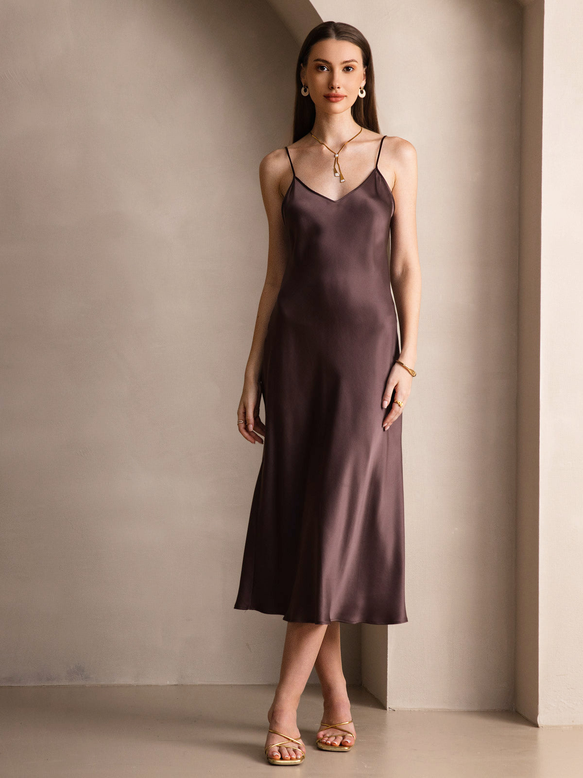 [Coffee] SilkSilky-AU Pure Silk Sleeveless Round Neck Dress 006