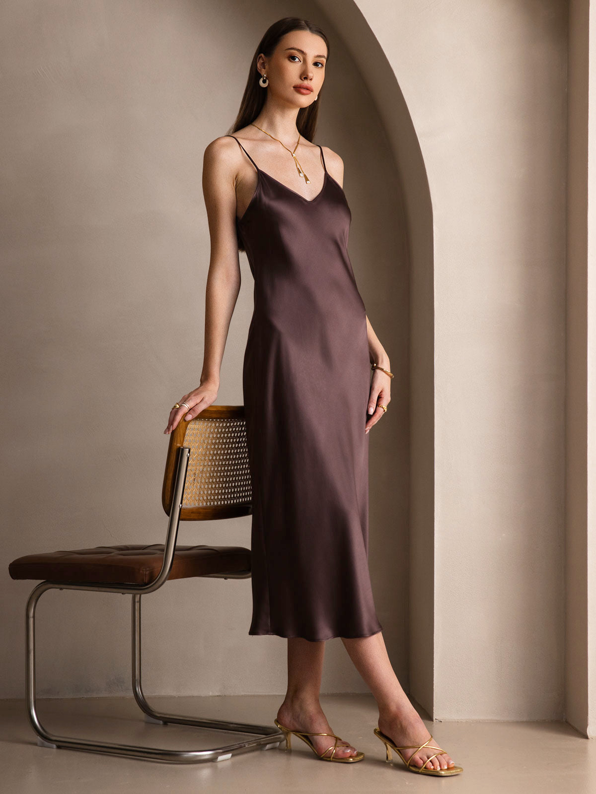[Coffee] SilkSilky-AU Pure Silk Sleeveless Round Neck Dress 007