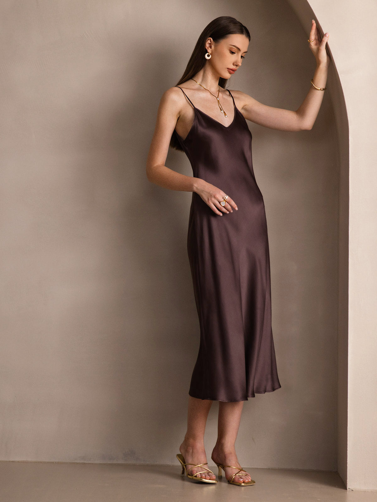 [Coffee] SilkSilky-AU Pure Silk Sleeveless Round Neck Dress 008