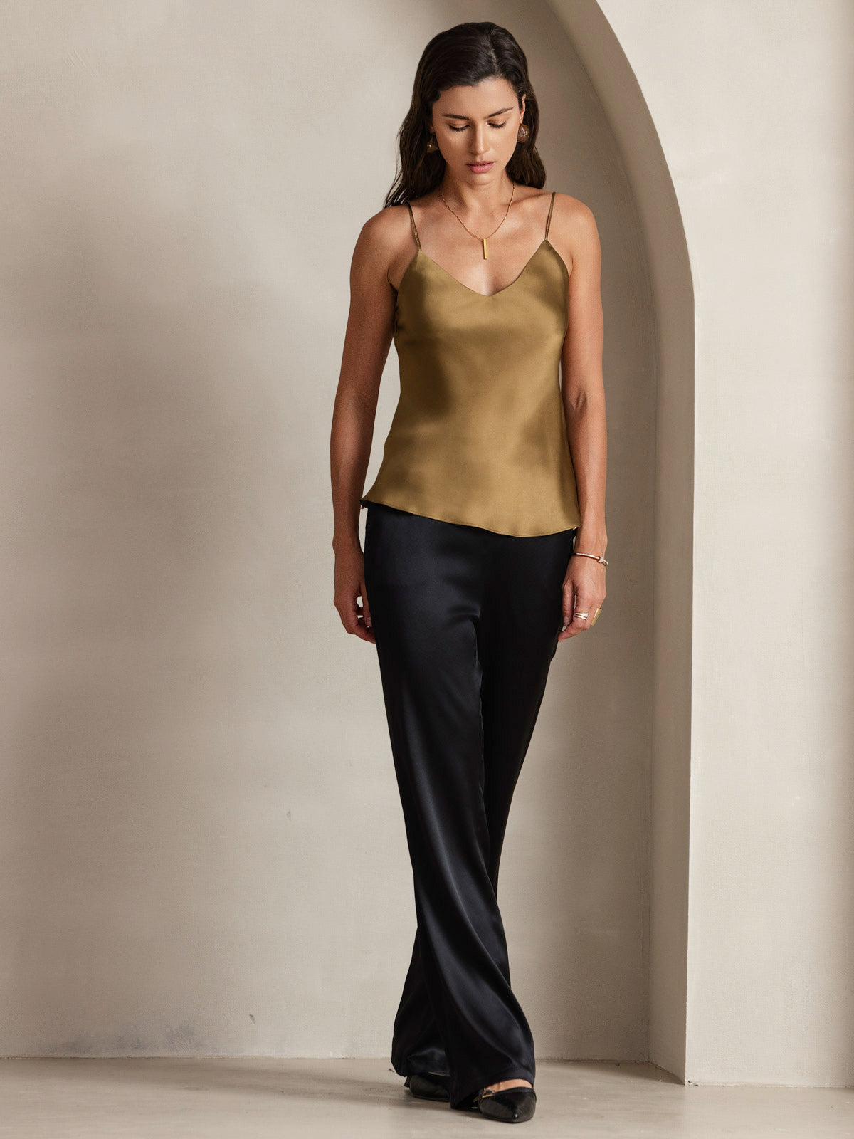 [Coffee] SilkSilky-AU Pure Silk V Neck Camisole 003