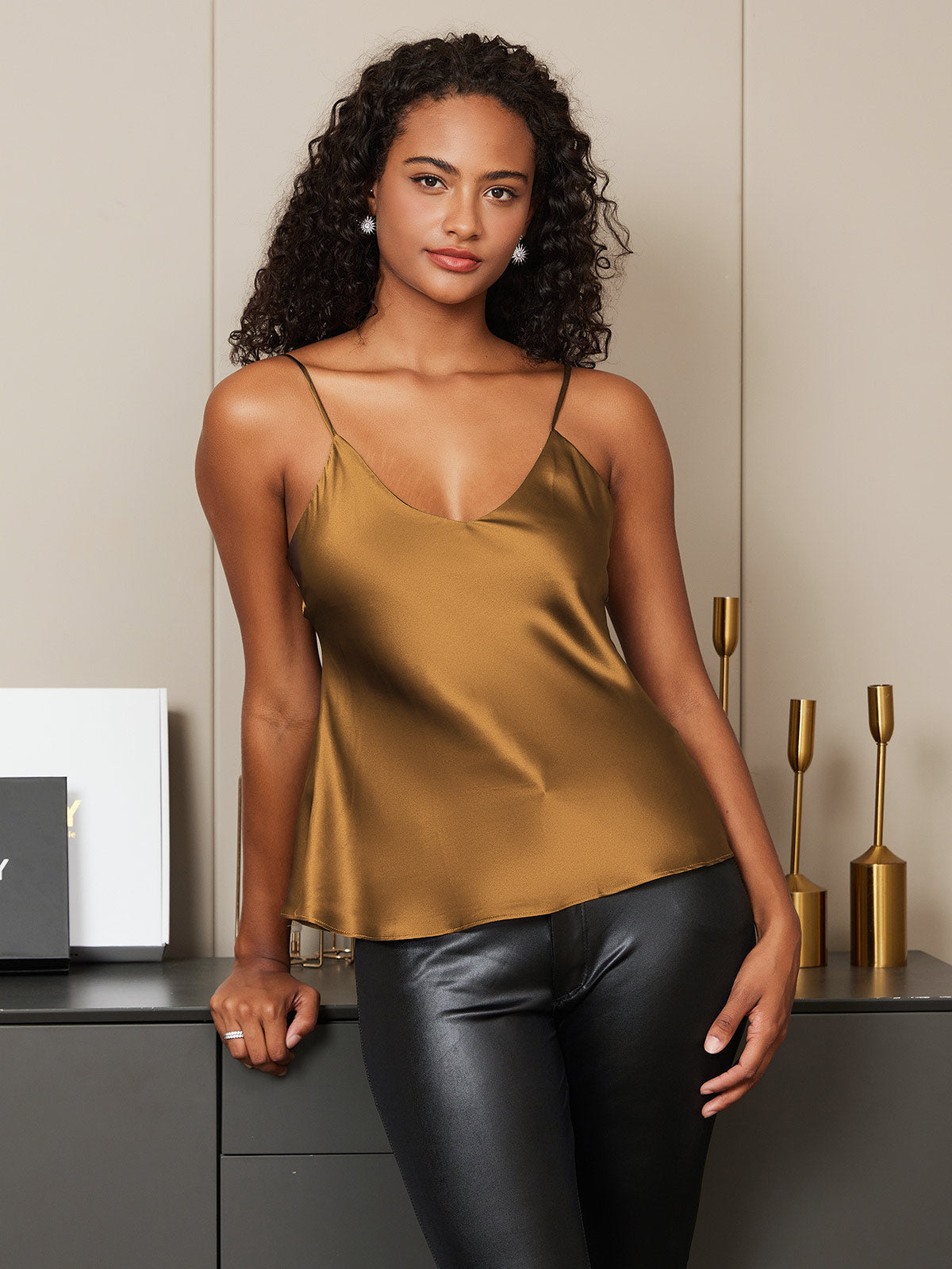 [Coffee] SilkSilky-AU Pure Silk V Neck Camisole 005