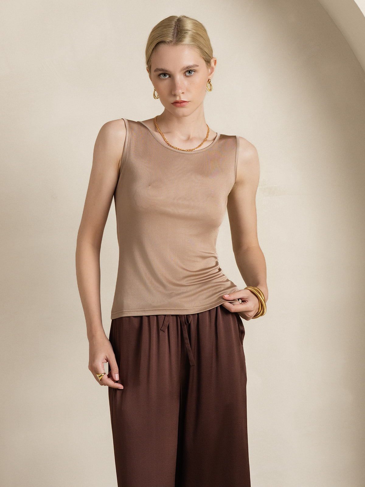 [Coffee] SilkSilky-AU Silk Knitted Sleeveless Round Neck Women's T-Shirt 006