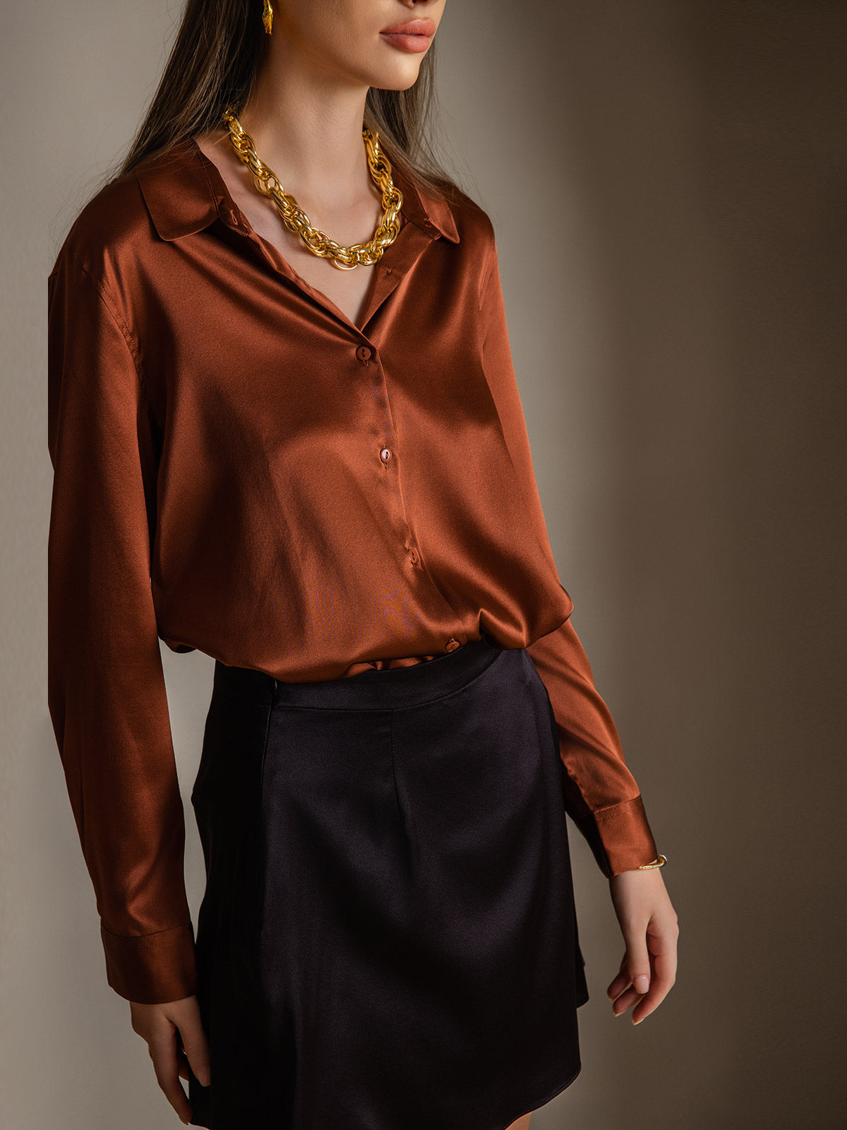 [Coffee] SilkSilky-AU Silk Long Sleeve Collar Women's Shirt 001