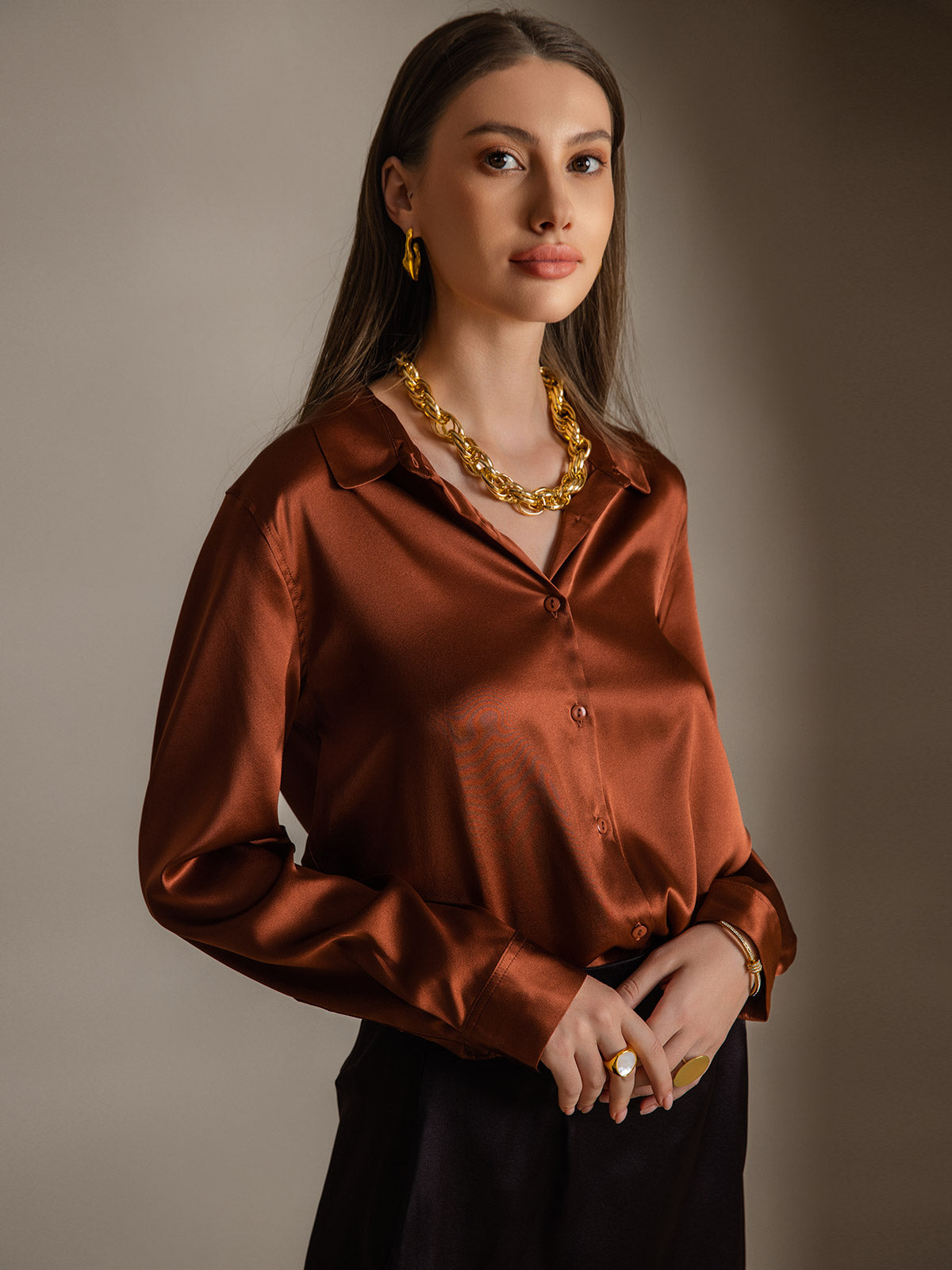 [Coffee] SilkSilky-AU Silk Long Sleeve Collar Women's Shirt 003