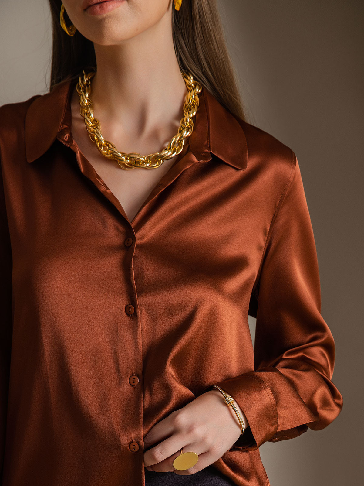 [Coffee] SilkSilky-AU Silk Long Sleeve Collar Women's Shirt 006