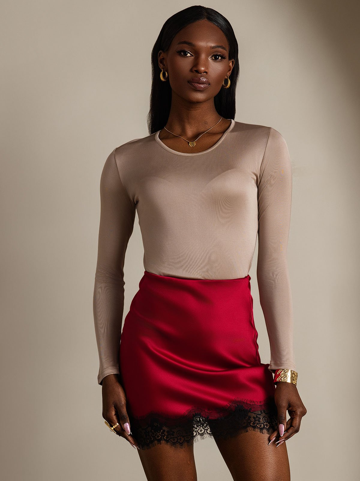[Coffee] SilkSilky-AU Silk Long Sleeve Round Neck Women's T-Shirt 001