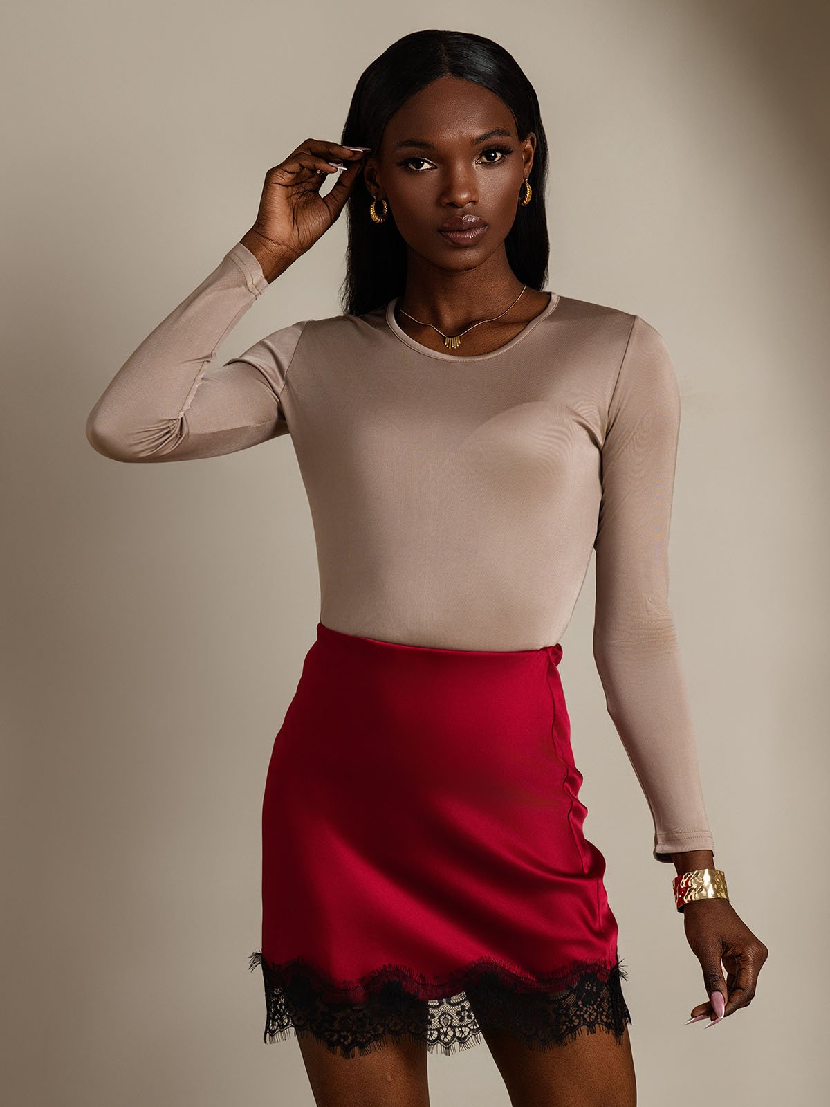 [Coffee] SilkSilky-AU Silk Long Sleeve Round Neck Women's T-Shirt 004