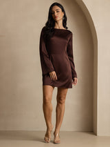 [Coffee] SilkSilky-AU 19Momme Long Sleeve Boat Neck Dress 001