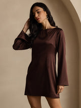 [Coffee] SilkSilky-AU 19Momme Long Sleeve Boat Neck Dress 006