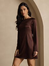 [Coffee] SilkSilky-AU 19Momme Long Sleeve Boat Neck Dress 007