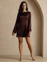 [Coffee] SilkSilky-AU 19Momme Long Sleeve Boat Neck Dress 008
