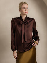 [Coffee] SilkSilky-AU 19Momme Stretch Silk Charmeuse Long Sleeve Tie Neck Blouse 005