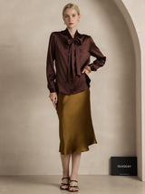 [Coffee] SilkSilky-AU 19Momme Stretch Silk Charmeuse Long Sleeve Tie Neck Blouse 006